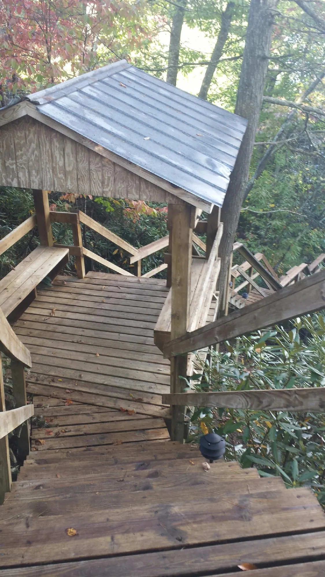 Metal roofed shelter over wooden steps on a wooded walkway — Skylight Repair & Installation work by our crew in Denair